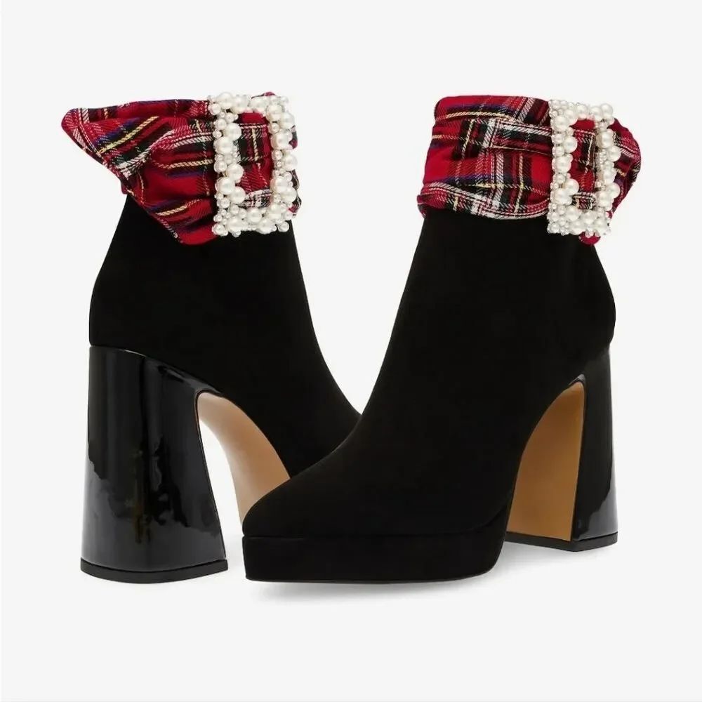 NEW Betsey Johnson Black Faux Suede Ankle Boots with Red Plaid Cuff 6.5, 7, 7.5